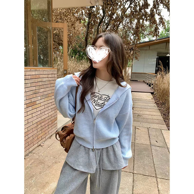 MosesQueen魔西女王华夫格连帽针织开衫外套秋季宽松长袖短款上衣