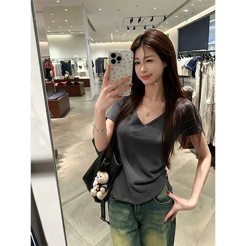 微透薄款卷边v领短袖t恤宽松休闲