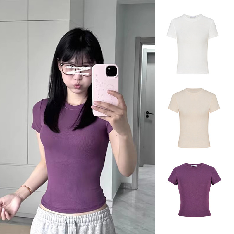 MosesQueen魔西女王紫色正肩短袖t恤女夏季掐腰修身显瘦圆领上衣