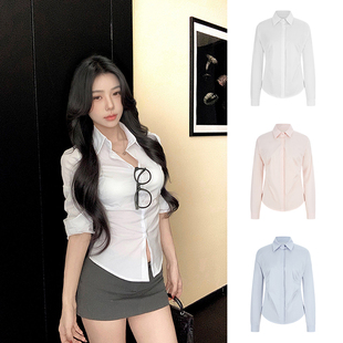 显瘦polo领上衣 翻领衬衣内搭修身 MosesQueen魔西女王白色衬衫 长袖