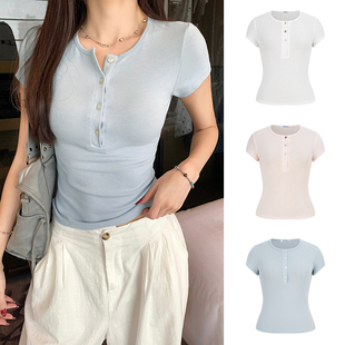 显瘦短款 MosesQueen魔西女王蓝色亨利领短袖 修身 新款 上衣 t恤夏季