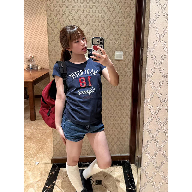 MosesQueen魔西女王美式印花正肩短袖t恤女夏季修身显瘦圆领上衣