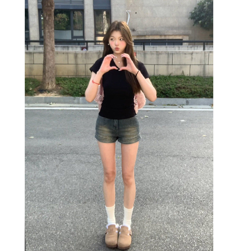 MosesQueen魔西女王正肩v领黑色短袖t恤掐腰修身显瘦内搭打底上衣