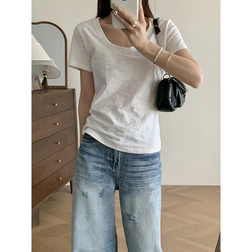 竹节棉U领短袖t恤宽松纯棉上衣女