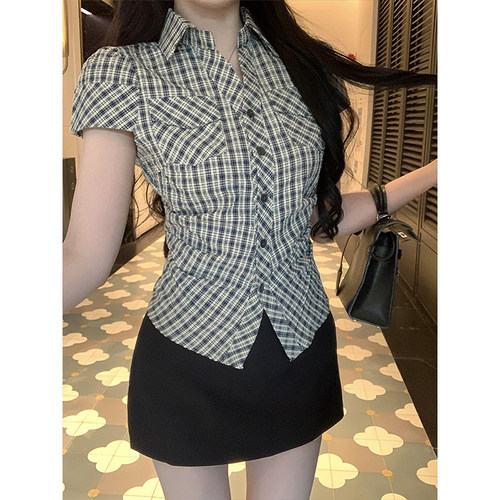 复古格子短袖衬衫女收腰显瘦衬衣