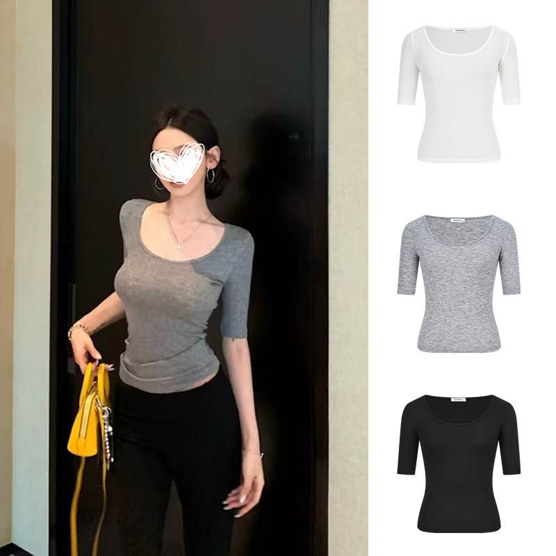 MosesQueen魔西女王灰色u领正肩短袖t恤中袖紧身内搭半袖打底上衣
