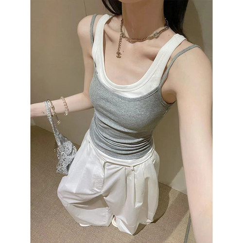 撞色假两件吊带背心美背无袖上衣