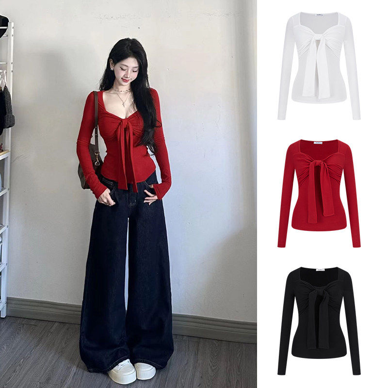 MosesQueen魔西女王红色纯欲v领打底衫内搭上衣系带蝴蝶结长袖t恤
