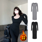 MosesQueen魔西女王加绒加厚黑色连衣裙女秋冬修身 显瘦包臀长裙子