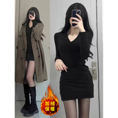 MosesQueen魔西女王黑色v领长袖 连衣裙子女加绒加厚显瘦包臀短裙