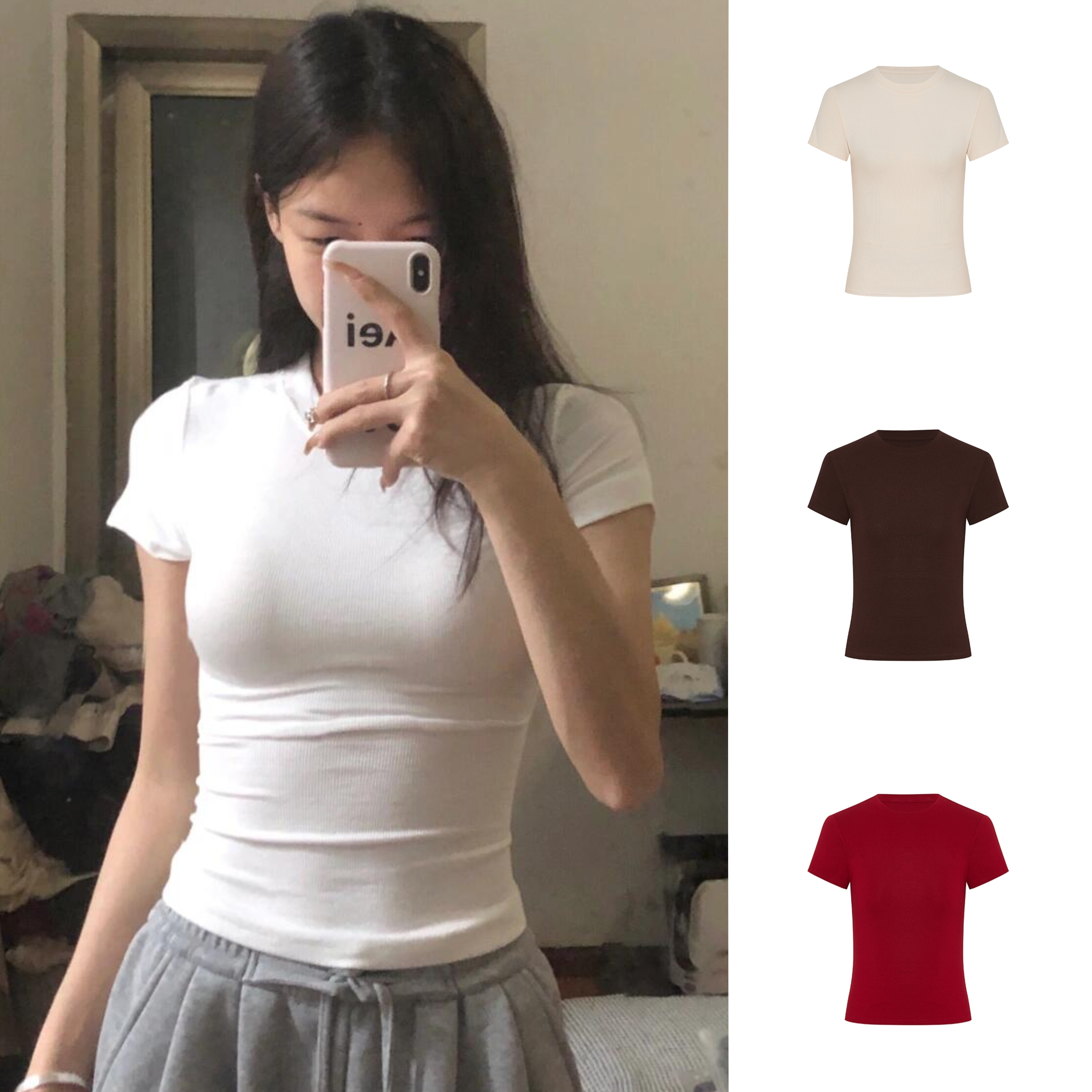 MosesQueen魔西女王白色正肩短袖t恤女夏季新款修身显瘦圆领上衣