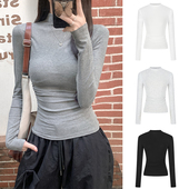 长袖 MosesQueen魔西女王灰色半高领打底衫 女春秋内搭修身 t恤上衣