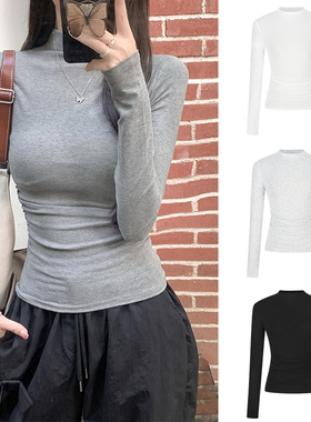 MosesQueen魔西女王灰色半高领打底衫女春秋内搭修身长袖t恤上衣