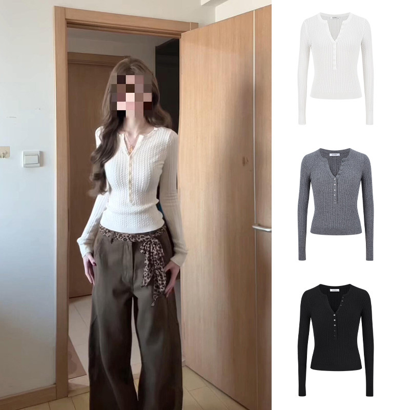 MosesQueen魔西女王白色麻花毛衣秋冬内搭打底衫修身v领针织上衣