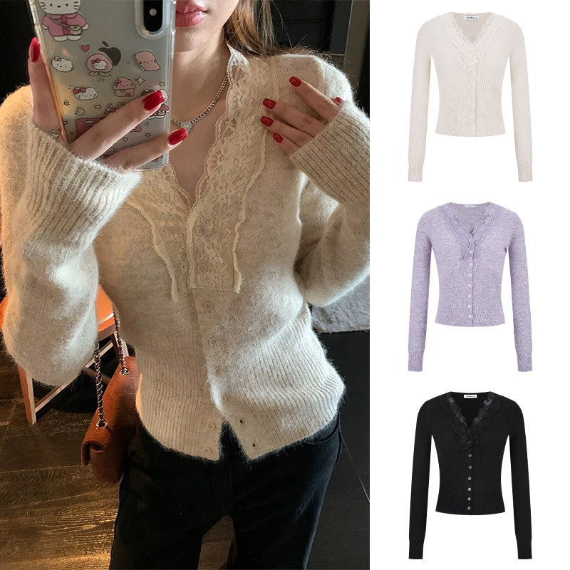 MosesQueen魔西女王蕾丝边v领针织打底衫女秋冬内搭毛衣长袖上衣