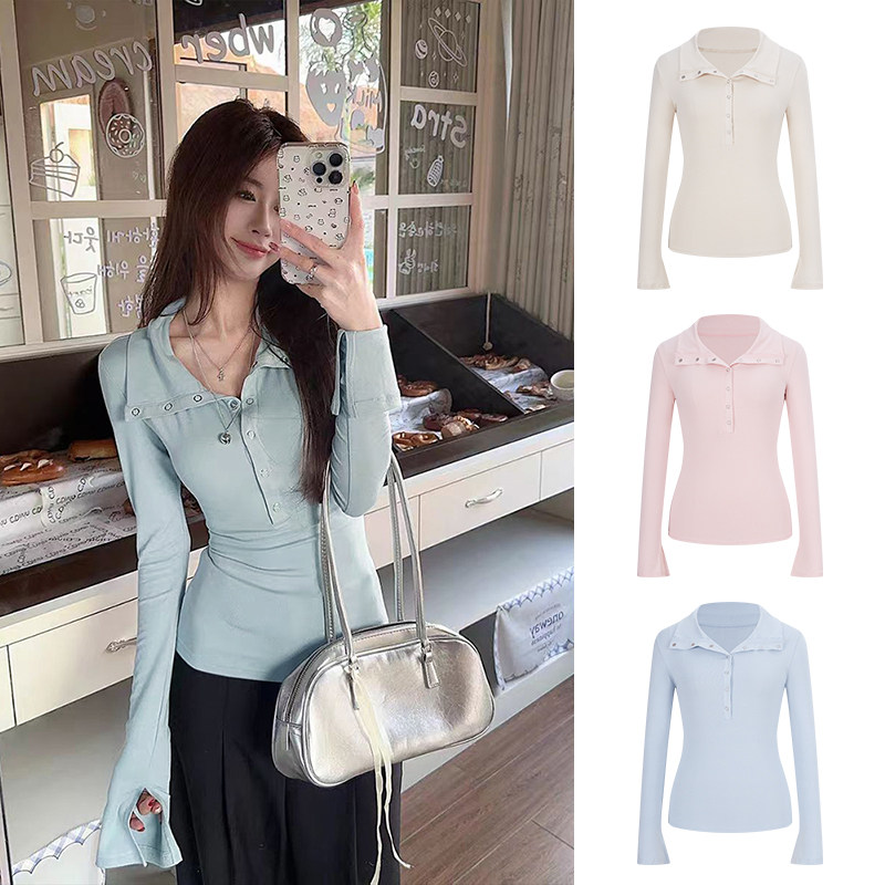 MosesQueen魔西女王蓝色半开领长袖t恤开叉喇叭袖内搭打底衫上衣,女装/女士精品,T恤,淘宝优惠券,粉丝福利购,淘宝优惠卷