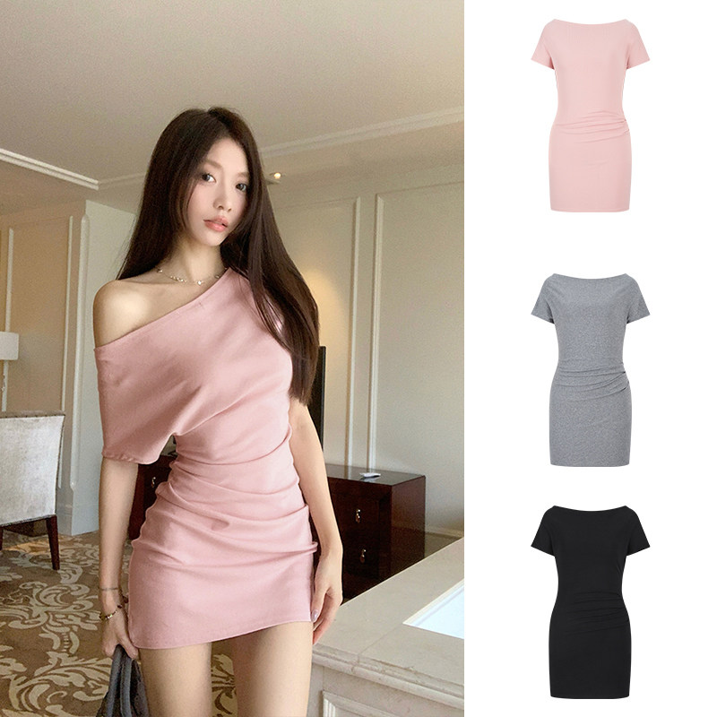 MosesQueen魔西女王一字肩短袖斜肩连衣裙女夏季收腰显瘦包臀短裙,女装/女士精品,连衣裙,淘宝优惠券,粉丝福利购,淘宝优惠卷