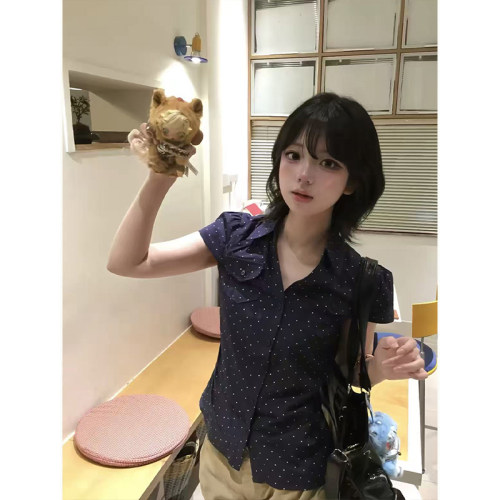 波点短袖衬衫掐腰修身显瘦上衣女