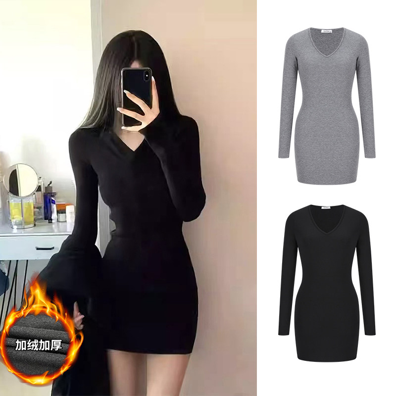 MosesQueen魔西女王黑色v领长袖连衣裙秋冬季加绒加厚包臀短裙子
