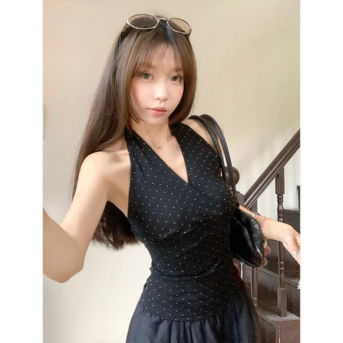 波点挂脖吊带背心露背无袖上衣女
