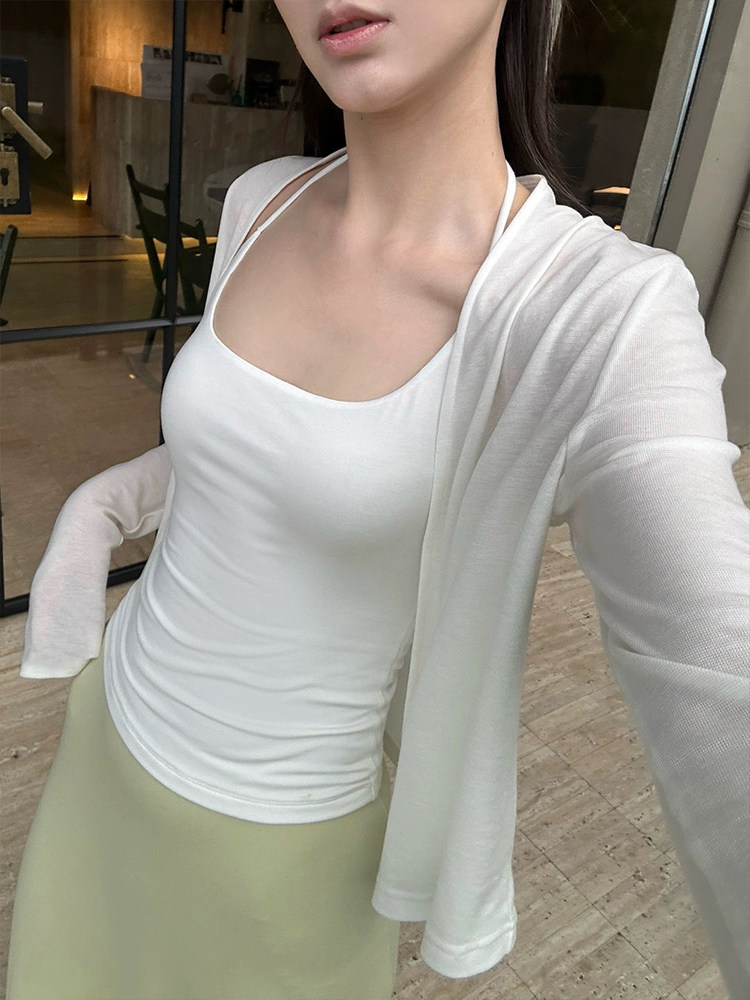 MosesQueen魔西女王白色针织防晒开衫女夏季薄款外搭披肩短款外套