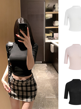 MosesQueen魔西女王黑色半高领短袖t恤中袖紧身露脐短款半袖上衣