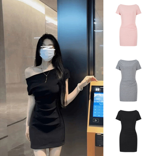 MosesQueen魔西女王黑色斜领一字肩短袖 显瘦包臀短裙 连衣裙女夏季