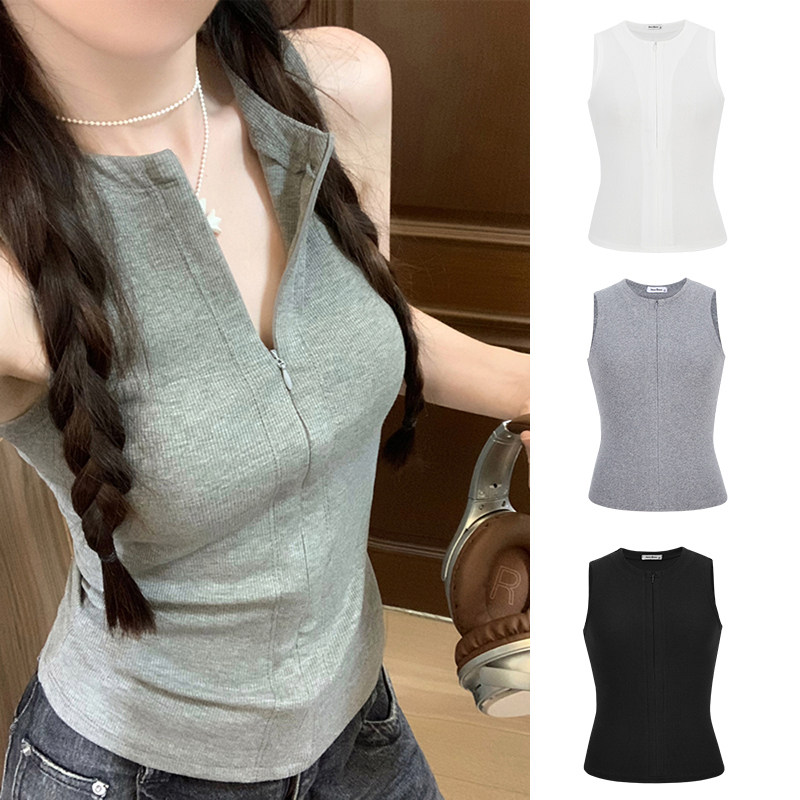 MosesQueen魔西女王半拉链无袖吊带背心女夏外穿收腰显瘦内搭上衣