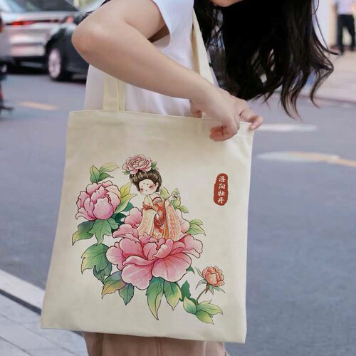 古风牡丹帆布包ins洛阳旅游文创通勤百搭单肩手提袋学生书包包女
