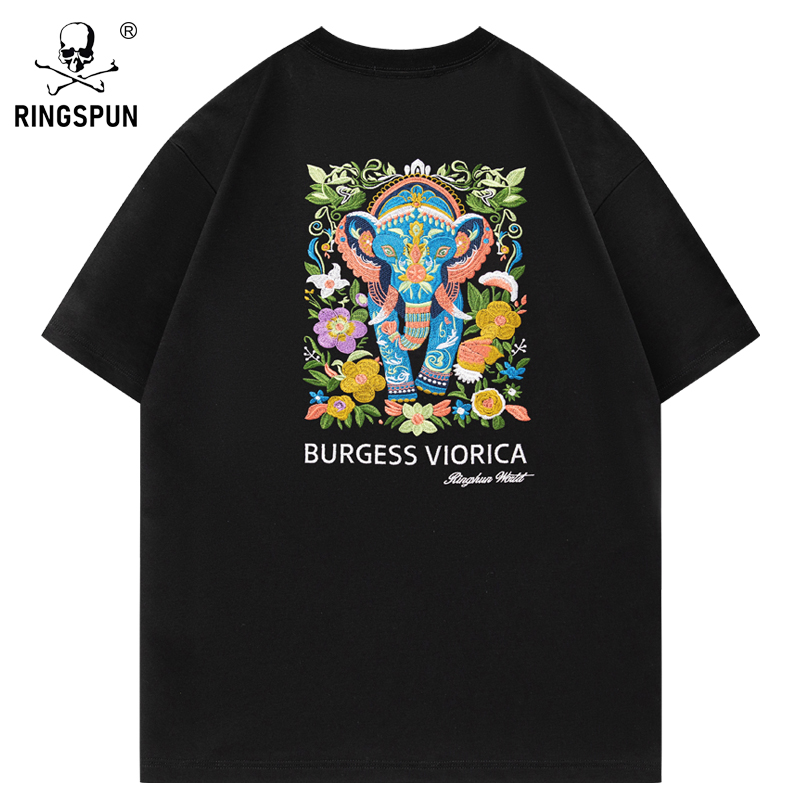 【百花大象】新款纯棉短袖t恤男潮牌男装刺绣半袖体恤休闲T恤衫男