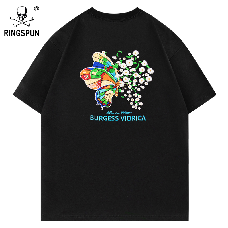 新款彩色蝴蝶t恤男轻奢潮牌重磅纯棉情侣装半袖刺绣短袖体恤衫男T