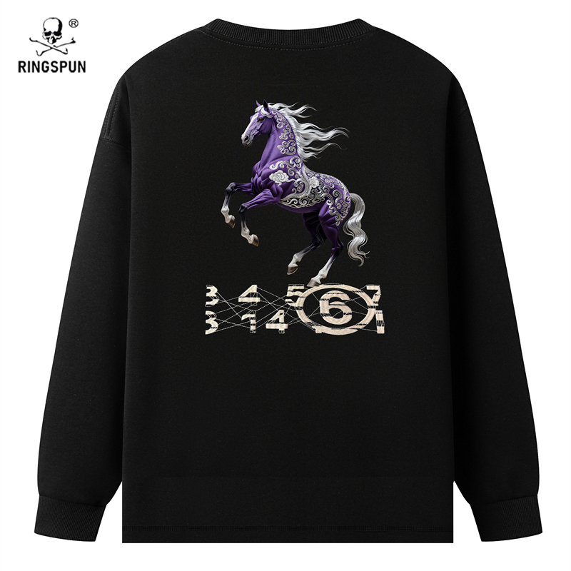 RINGSPUN【紫马】重磅万针刺绣潮牌长袖T恤 圆领长袖T恤男女同款