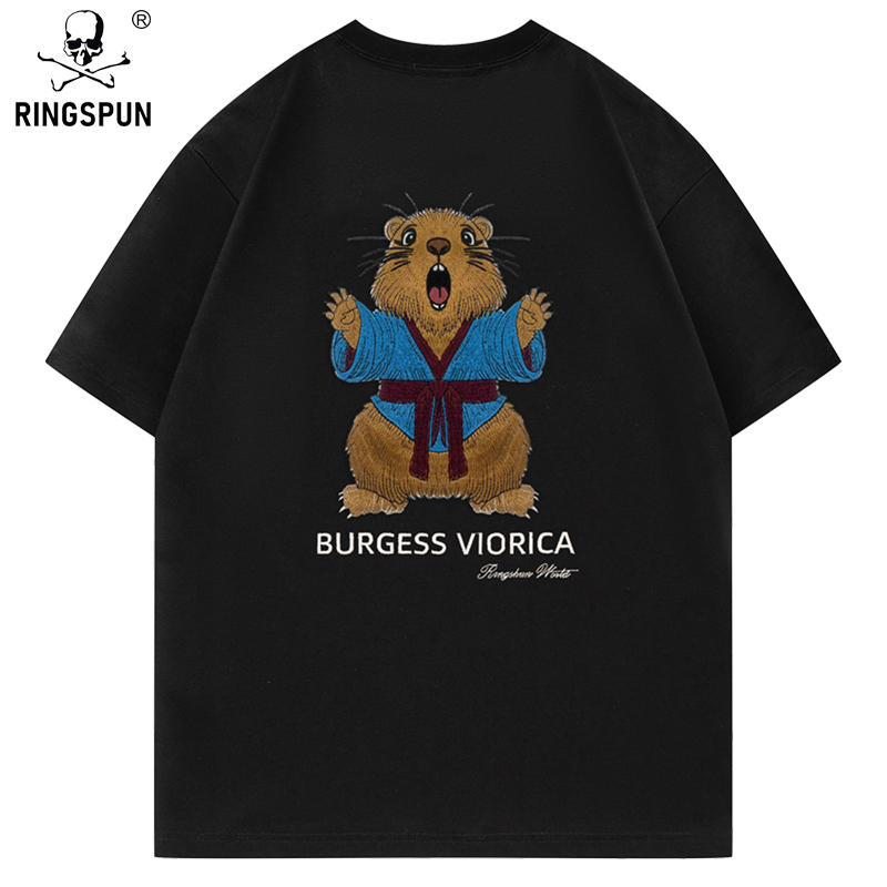 RINGSPUN重工刺绣短袖t恤男夏季新款纯棉半袖重磅男女同款T恤