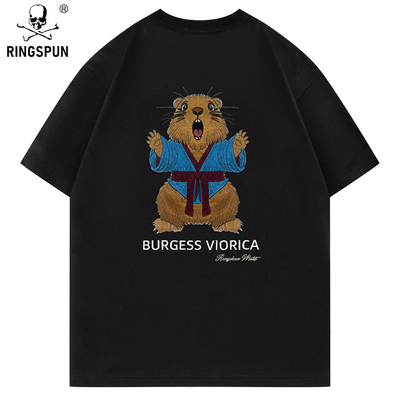 RINGSPUN重工刺绣短袖t恤男夏季新款纯棉半袖重磅男女同款T恤