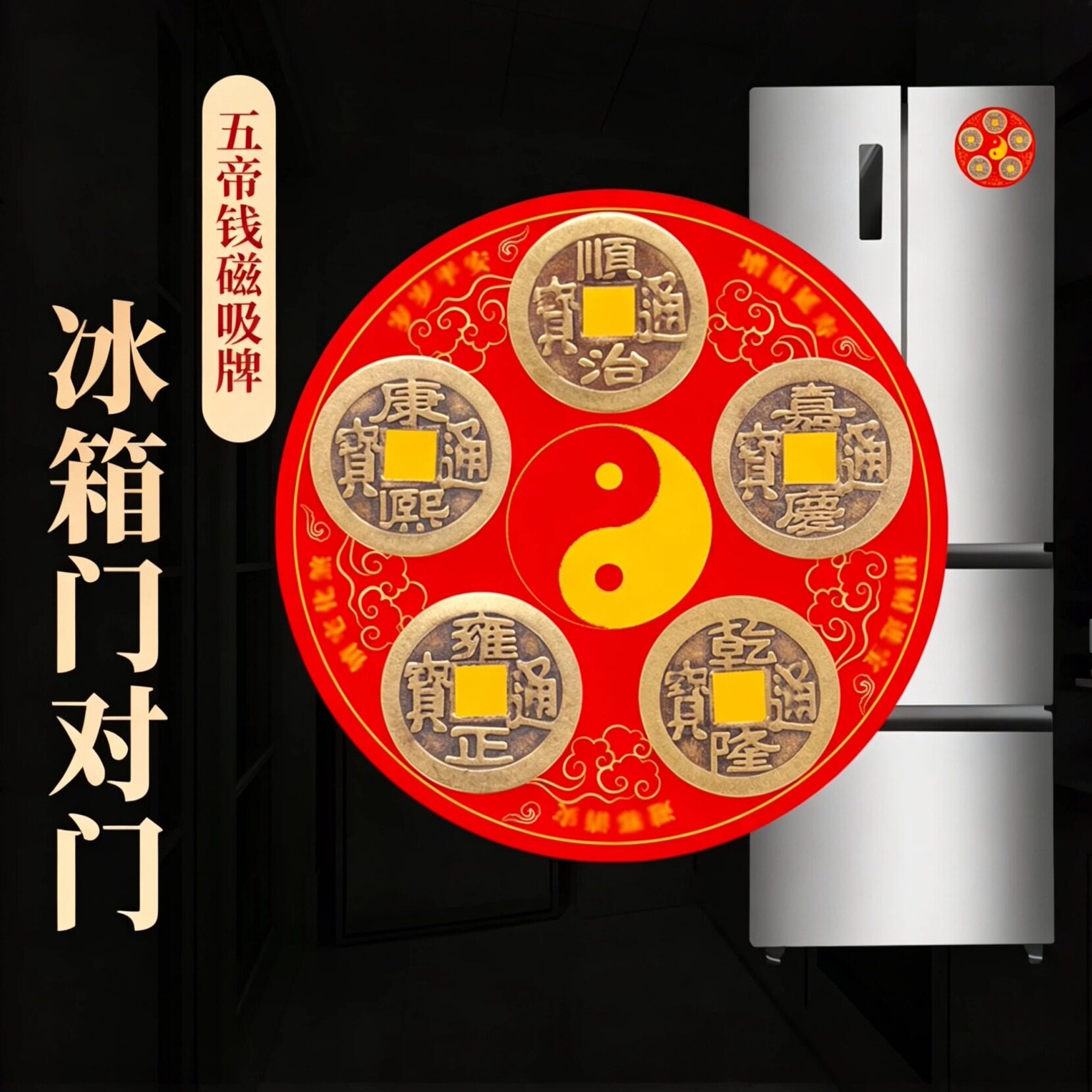 五帝钱冰箱贴八卦黄铜五帝钱招财摆件冰箱门对门黄铜五帝钱磁吸贴