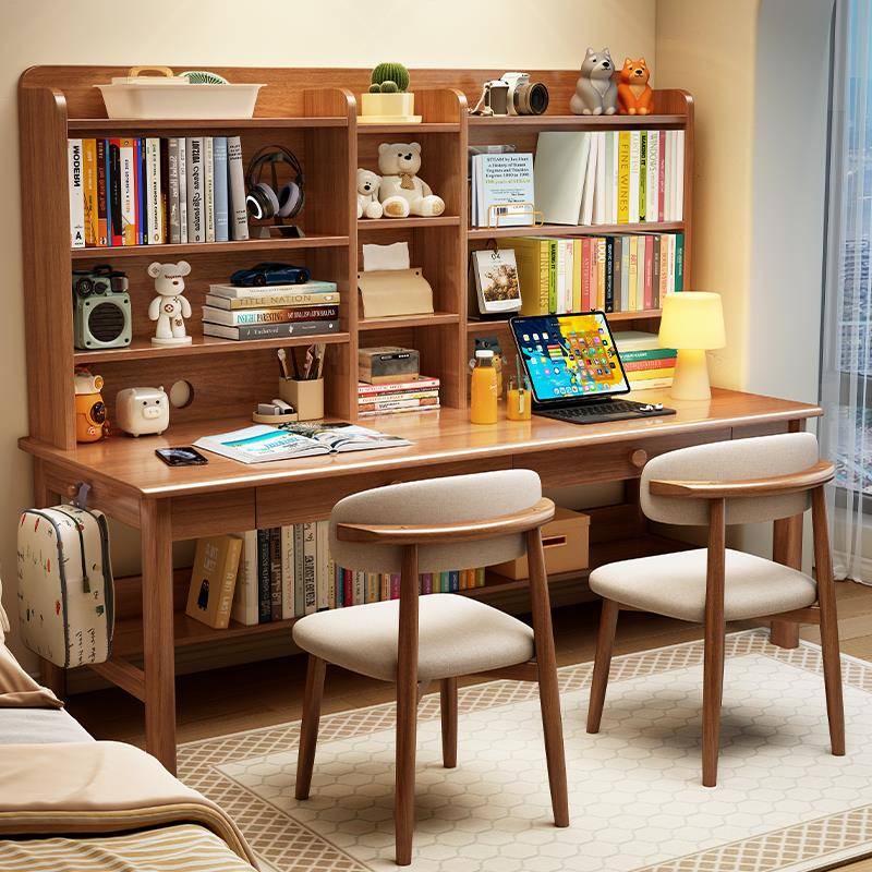 实木双人书桌书架书柜一体家用学生学习桌卧室两人并排办公电脑桌