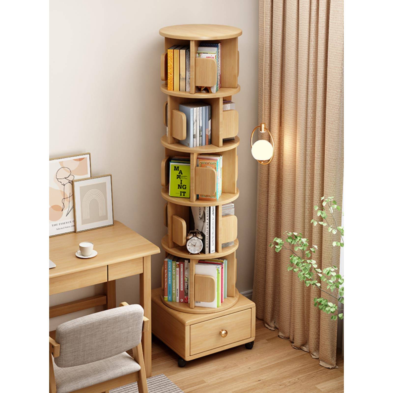 全实木旋转小书架移动带轮卧室儿童书柜简约床头柜床边收纳置物架