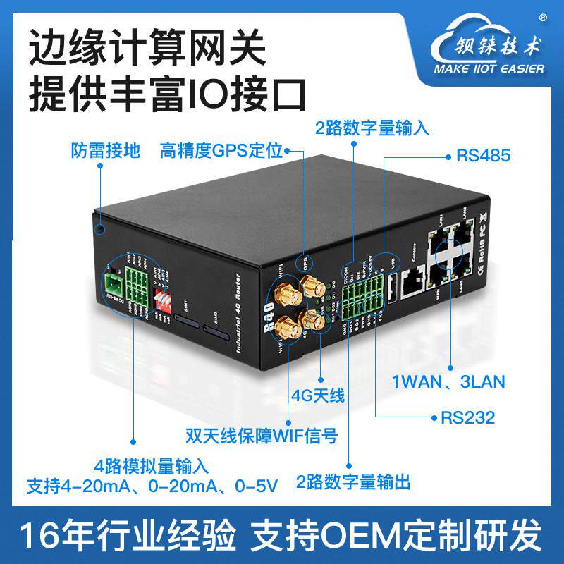 2DIN2DO串口RS232智慧水务水利灌溉河坝压力水位工业路由钡铼R40A
