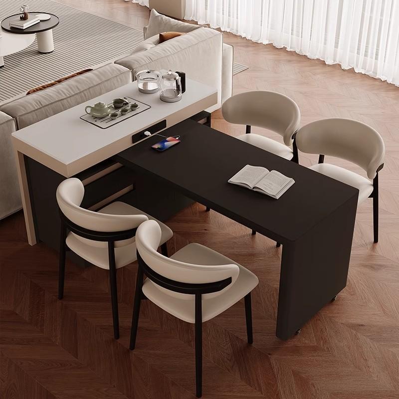 旋转伸缩岛台餐桌一体家用高端厨房餐厅黑色岩板中岛台餐桌椅组合