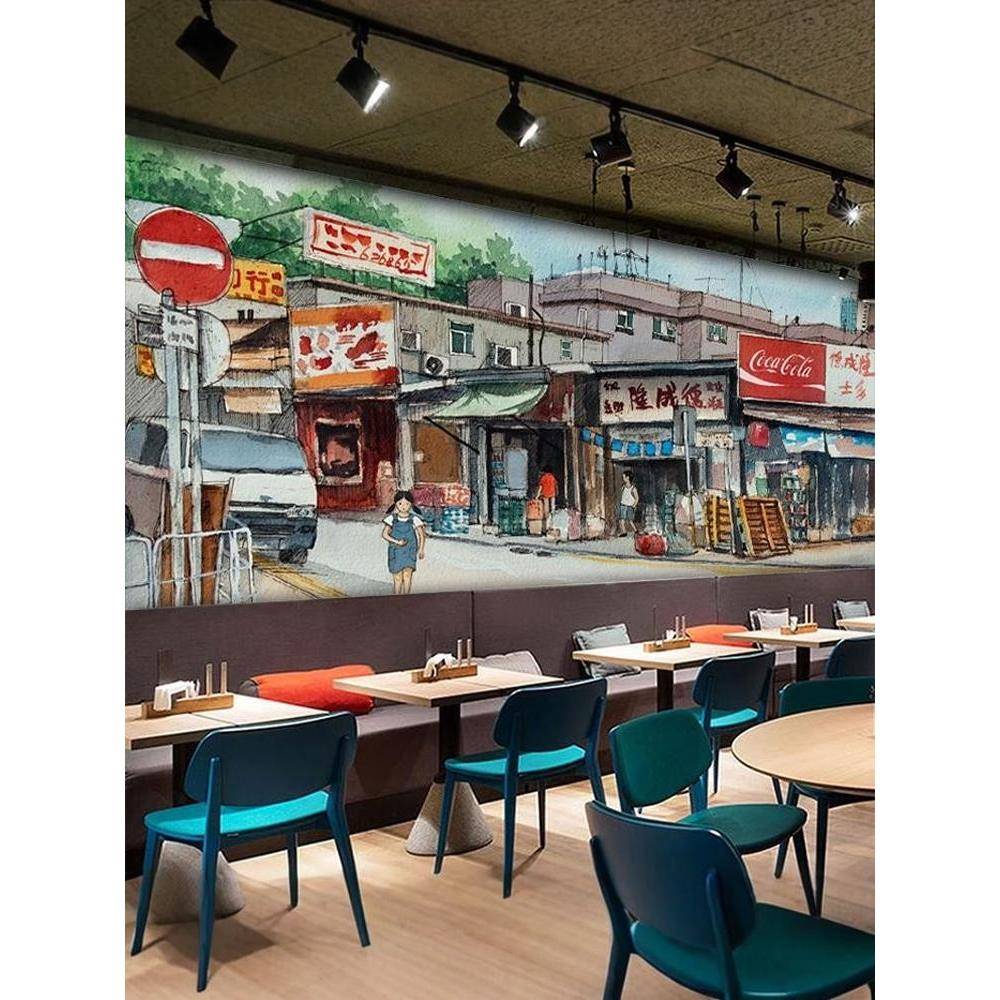 3d复古怀旧80年代童年游戏壁画马路边边墙纸饭店酒吧餐厅装饰墙布