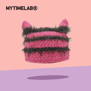MYTIMELAB摩太潮玩ZOE撞色Y2K猫耳帽保暖条纹针织帽秋冬套头护耳