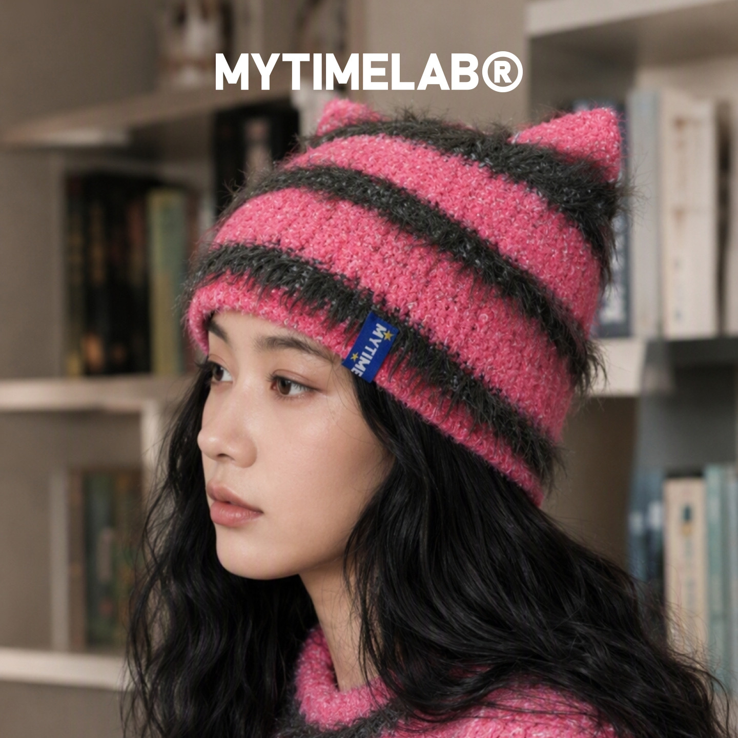 MYTIMELAB摩太潮玩ZOE撞色Y2K猫耳帽保暖条纹针织帽秋冬套头护耳