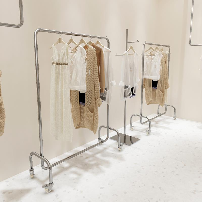 服装店挂衣杆不锈钢带轮子银色中岛落地式陈列架女装店货架展示架