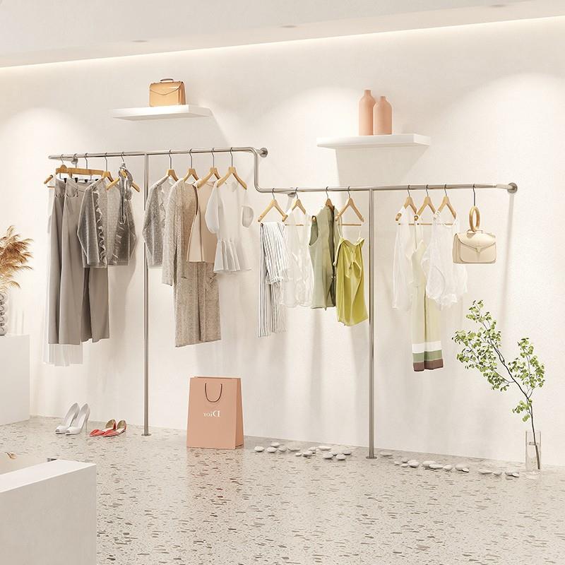 女装店货架服装店展示架不锈钢上墙壁挂式挂衣架童装店陈列架银色