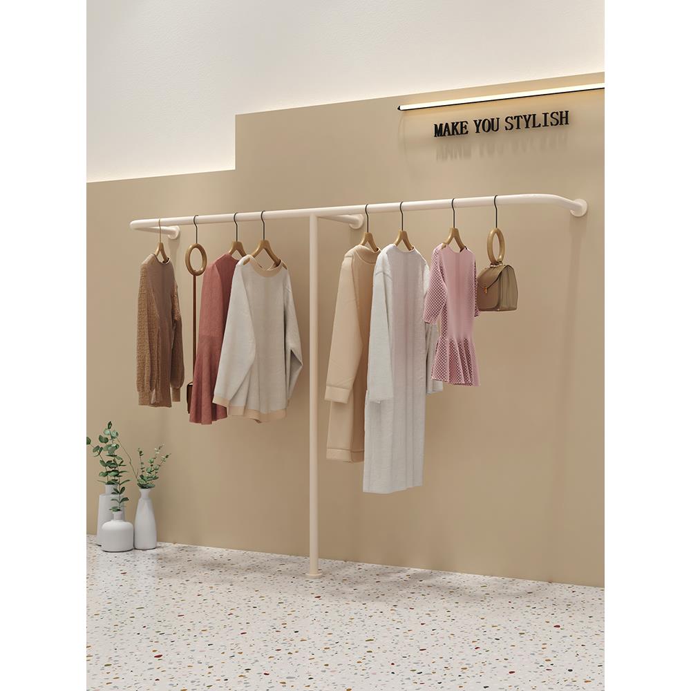 女装店货架展示架落地式上墙壁挂式不锈钢奶白色挂衣架服装陈列架