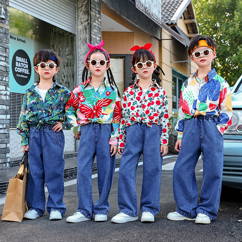 儿童复古港风啦啦队演出服小学生运动会花衬衫衣服90年代怀旧服装