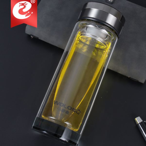 卧龙双层玻璃杯隔热男女水杯加厚透明茶杯钢化防摔有盖喝水口杯子