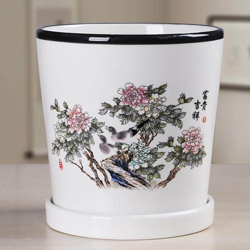 花盆清60354陶瓷特大号仓带托盘绿萝欧简北约白色创意家高用大号