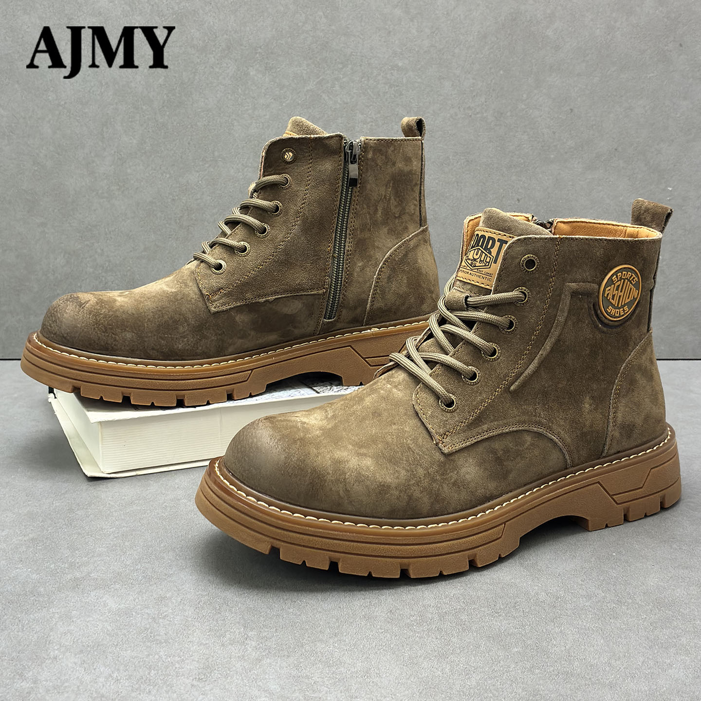AJMY真皮男鞋厚底增高男马丁靴子