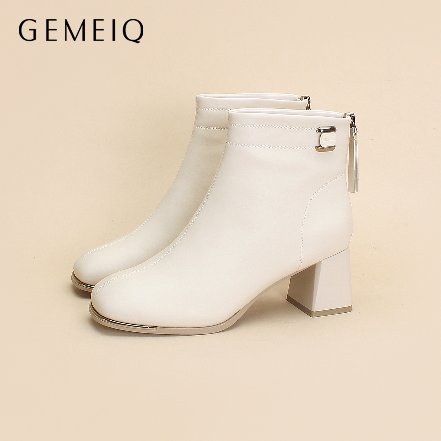 GEMEIQ/戈美其黑色方头粗跟短靴女后拉链高跟时装靴冬季靴子